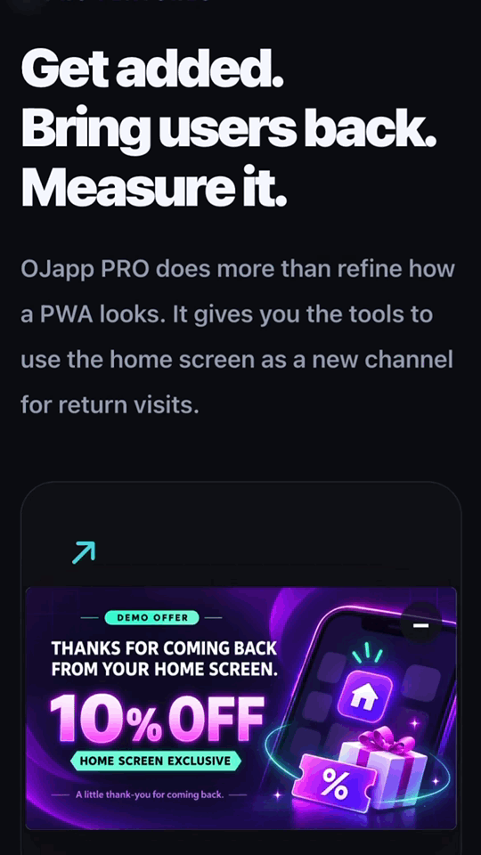 Flow from the Add to Home Screen prompt in a browser to a launch-only offer after opening from the home screen